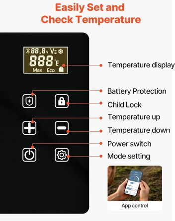 Автомобільний холодильник VEVOR 20л з Wi-Fi, 12/24В DC та 100-240В AC: портативний компресорний автохолодильник для кемпінгу, подорожей, риболовлі