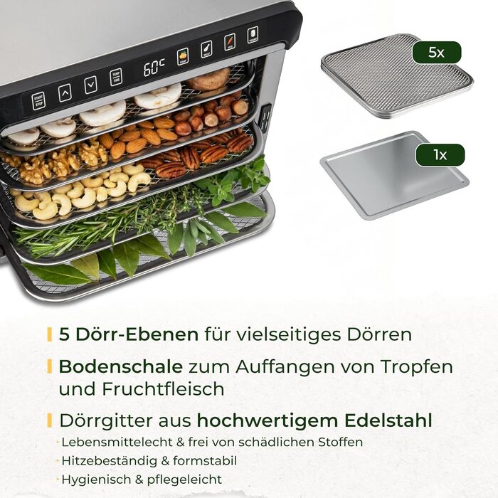 Сушарка для фруктів та овочів KRAMER W з таймером 24h та регулюванням температури 35-70°C, 5 висувних полиць, корпус з нержавіючої сталі, без BPA