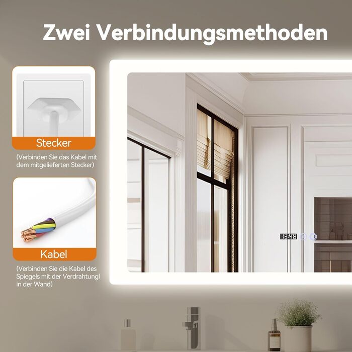 Дзеркало для ванної кімнати YOURLITE з LED-підсвічуванням 100x60 см, сенсорне управління, годинник, антизапотівання, 3 кольори світла, регулювання яскравості, функція пам'яті, білий - 60100