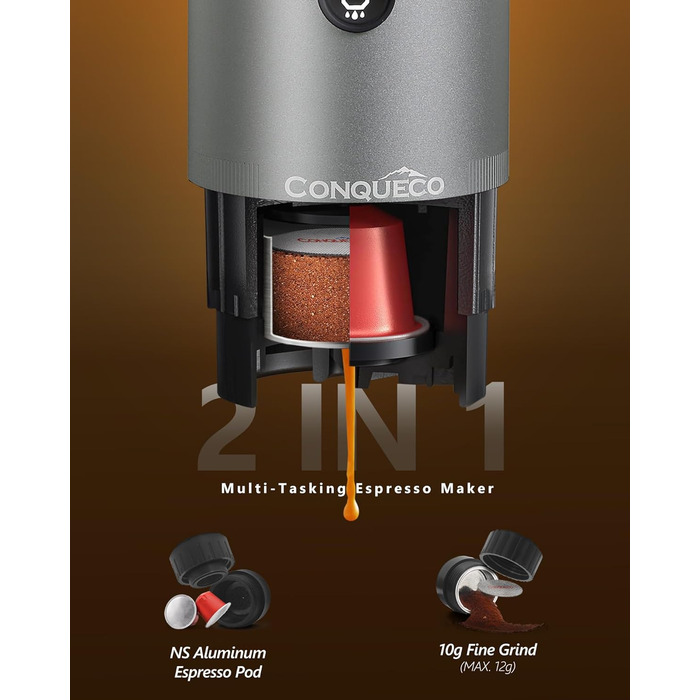 CONQUECO Портативна Еспресо-машина: Електрична кавомашина 12V для авто та подорожей. Сумісна з капсулами NS та меленою кавою (Сірий, 3 шт.)
