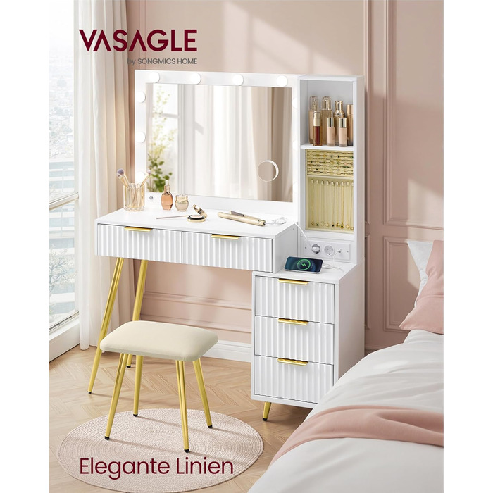 Дзеркальний туалетний столик VASAGLE з пуфом та 10x збільшенням, LED-підсвічуванням, ящиками та станцією для зарядки, 40 x 110 x 135 см, білий
