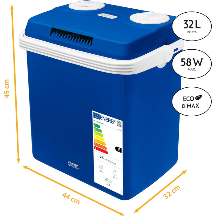 Електричний охолоджувач TZS First Austria 32 літри Підключення 12 вольт і 230 вольт з вилкою 12 В для автомобіля для кемпінгу, фестивалів і подорожей з функцією охолодження та збереження тепла чорний (32 л Синій)