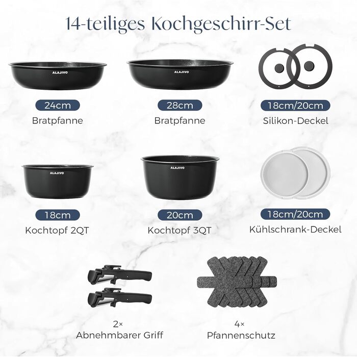 Набір посуду 17 частин з знімним ручками, антипригарне покриття, для всіх типів плит, включаючи індукцію, та духової шафи (темно-сірий)