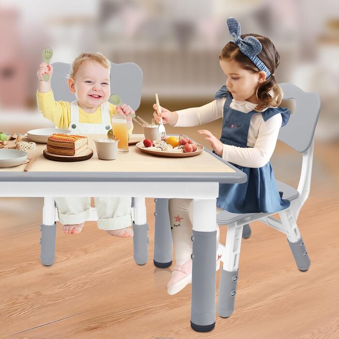 Дитячий стіл зі стільцями, дитяча група сидіння, регульована по висоті з HDPE та ABS, багатофункціональний дитячий стіл для дітей від 2 до 10 років, ергономічний набір столу та стільця для дитячої кімнати, 60*60 см, сірий