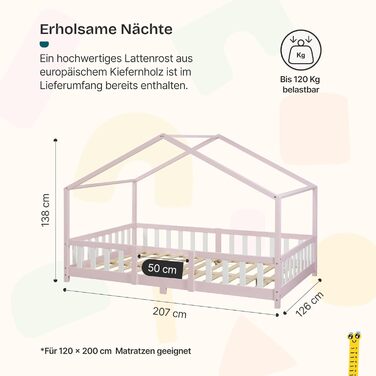 Дитяче ліжко Treviolo Hausbett від en.casa: дерев'яне ліжко Montessori з захистом від падіння, 120x200 см