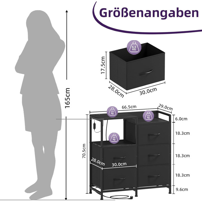 Комод з ящиками для спальні, вітальні, коридору Somdot з LED-підсвічуванням та розетками (2 AC, 1 USB, 1 Type-C), 5 тканинних ящиків, білий, 29T x 66,5B x 70,5H см