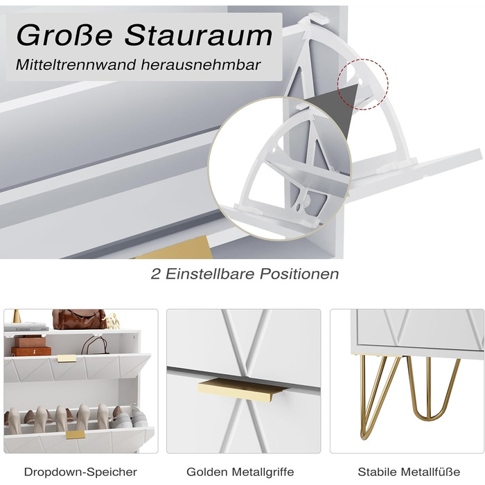 Взуттєва шафа UEV з 2 відкидними дверцятами, 80 x 24 x 120 см, на 16 пар взуття, з 1 висувною шухлядою, біла, вузька, для передпокою, економія місця