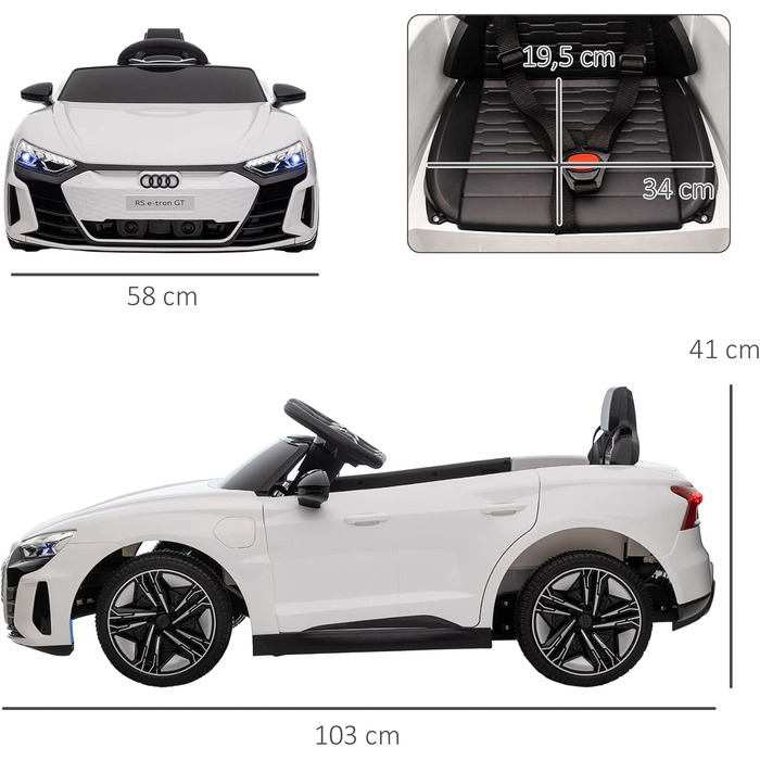 Електромобіль для дітей HOMCOM Audi RS e-tron GT з пультом, ременем безпеки, звуками, фарами, 3-5 років, білий