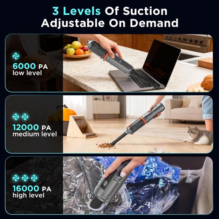 Акумуляторний ручний автомобільний пилосос 16000Па, безщітковий мотор, 4-в-1, швидка зарядка для авто, дому, офісу та тварин