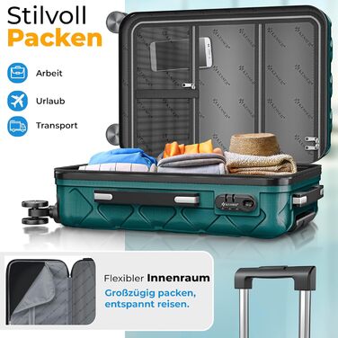 Набір дорожніх валіз KESSER з 3 предметів, жорсткий корпус ABS, кодовий замок, ваги для багажу та дорожній гаманець, колеса 360°, колір Petrol Teal