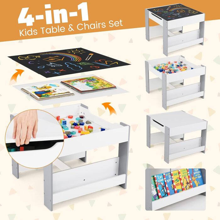 Дитячий столик Dreamade 4 в 1 з 2 стільцями: дерев'яний набір для ігор з дошками, полицями та коробками (сірий)