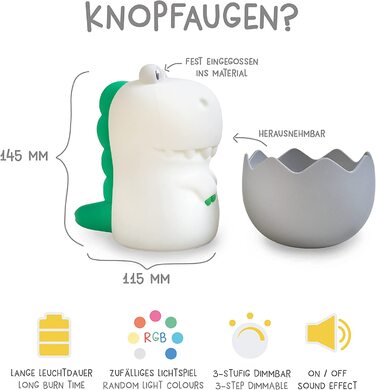 Дитячий LED нічник MegaLight Diggy Dino: RGB-підсвітка, регулювання яскравості, сенсорне керування та звукові ефекти, USB-зарядка