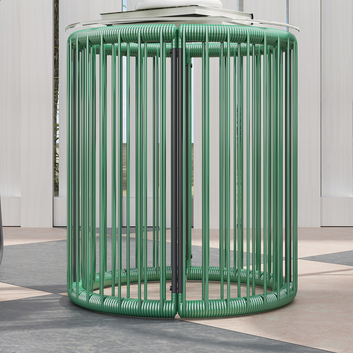 Набір садових меблів на 3 місця: 1 стіл, 2 стільці. Скло стільниці, плетіння з пластикового ротангу на сталевому каркасі, м'які подушки, колір - зелений.