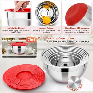 Набір місок HaWare з нержавіючої сталі, 7 шт., з кришками, для приготування їжі, випічки, салатів, 6.5/4.5/3/2.5/1.5/1.2/0.7 л (червоний, силіконове дно)