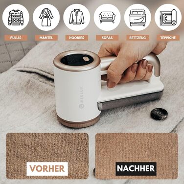 Електричний видальник ворсу WiredLux - бездротовий пристрій для одягу та меблів. 3 швидкості, 6-лезове лезо, LED-дисплей, USB-зарядка (білий, слонова кістка, золото)