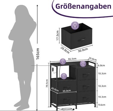 Комод з ящиками для спальні, вітальні, коридору Somdot з LED-підсвічуванням та розетками (2 AC, 1 USB, 1 Type-C), 5 тканинних ящиків, білий, 29T x 66,5B x 70,5H см