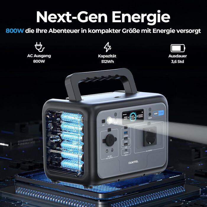 Портативна електростанція OUKITEL 800W з сонярним генератором та акумулятором LiFePO4 512Wh, 1600W пікова потужність, USB A/C виходи, швидка зарядка, 6 кг для кемпінгу, подорожей та активного відпочинку (P800+100W)