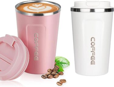 ERBO Термокружка для кави з нержавіючої сталі, 380 мл, 2 шт. (білий + рожевий), з кришкою, для кави на винос, екологічна