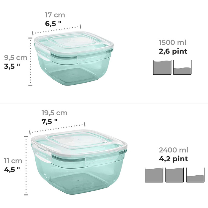 Набір банок для зберігання Грізлі 4 (0,4 л, 0,8 л, 1,4 л, 2,3 л), круглі, пластикові, 100 повітря / вода, банки для зберігання в мікрохвильовій печі, М'ятні (квадратні 0,5 л, 0,9 л, 1,5 л, 2,4 л, м'ятно-зеленого кольору)