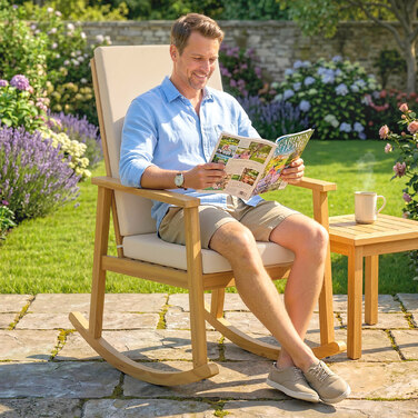 Гойдалка з акації з високою спинкою та подушкою, витримує до 160 кг, 60 x 89 x 107 см, бежева