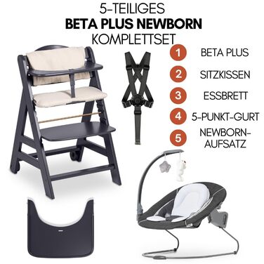 Дитячий високий стільчик Hauck Beta+ Newborn Set Deluxe - комплект з підставкою для новонароджених, м'яким сидінням та підносом для годування, білий (темно-сірий)