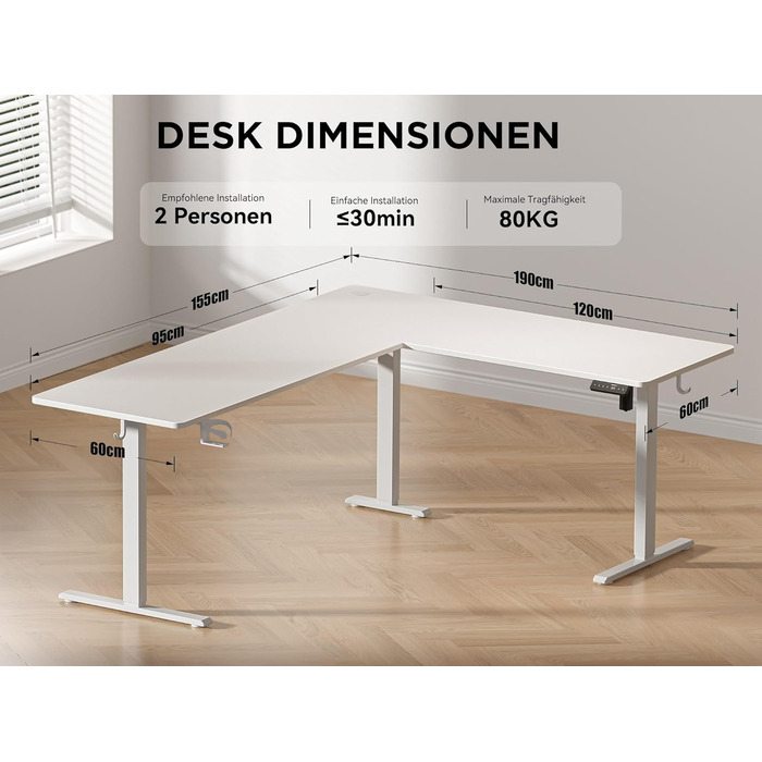 Електричний кутовий стіл L-подібної форми, 190 x 150 см. Регулювання висоти, стіл для офісу, ігровий стіл з керуванням кабелями, білий.