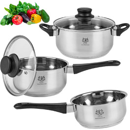 Набір каструль з нержавіючої сталі Induktion 3-х частинний - для всіх типів плит - з кришкою з термостійкого скла - з мірною шкалою