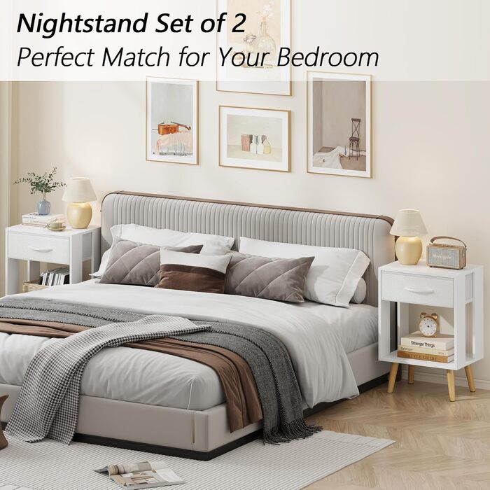 Набір з 2 приліжних тумбочок, 40x30x60.3 см. Тумбочки з шухлядою для спальні, дитячої кімнати. Білий колір.