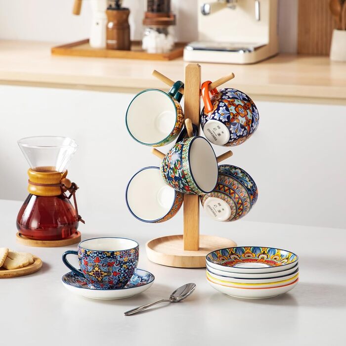 Набір кавових чашок капучіно Vancasso SIMI 6 шт. з блюдцями, 240 мл, порцеляна, для 6 осіб, мікрохвильова піч, богемський стиль