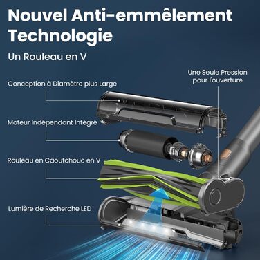 Акумуляторний пилосос Dzaki 45KPa бездротовий без мішка з дисплеєм, антинамотувальна щітка, 55 хв роботи, знімна батарея, для твердих поверхонь, шерсті тварин, килимів, авто (Золотистий сірий)
