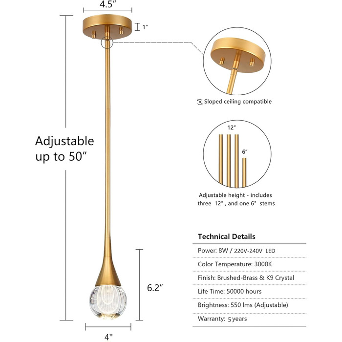 Кришталевий підвісний світильник з регулюванням висоти, світлодіодний підвісний світильник для вітальні та їдальні (золото)