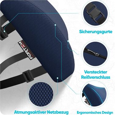 Подушка під поперек FORTEM з ефектом пам'яті для авто, ігрового та офісного стільця, ортопедична підтримка спини з дихаючою знімною обкладинкою (Синій сітчастий матеріал)