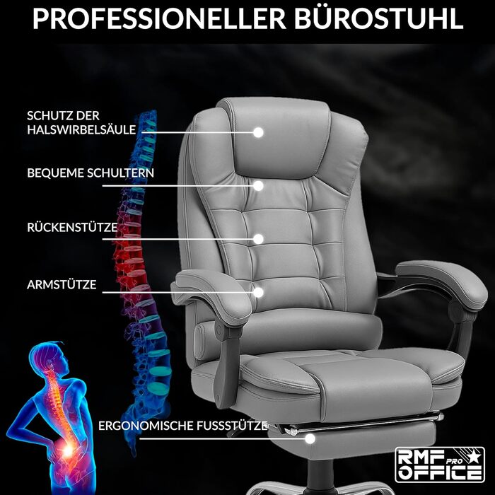 Ергономічне крісло для офісу RMF, регульоване, з підніжкою – зручне та розслаблююче крісло для робочого столу, обертається, регулювання висоти, сіре