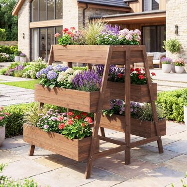 Вертикальна грядка COSTWAY з 3 ярусами, 6 контейнерами для квітів, дерев'яний ящик для рослин на терасу, балкон, сад - коричневий, 126x90x115 см