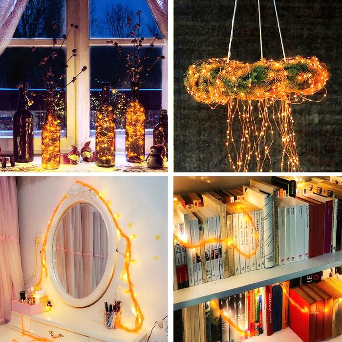 Ланцюжок прикрас з LED-підсвічуванням на батарейках, 100 LED, 10 м, 8 режимів, пульт дистанційного керування, таймер, теплий білий, димування, вологостійкий, для прикрашання, 4 шт.