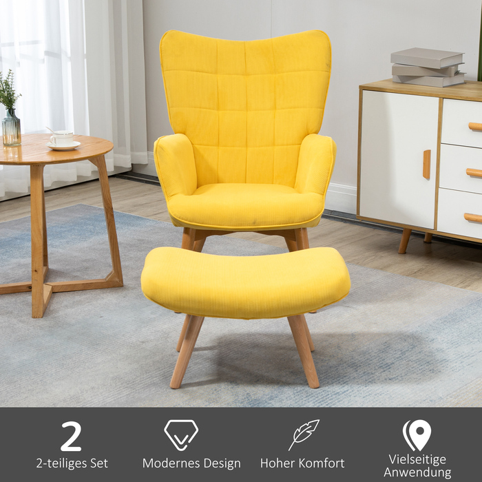 Крісло для відпочинку HOMCOM Recliner Крісло-крило з табуретом жовтого кольору, крісло з дерев'яними ніжками, вельвет Look для зручного сидіння