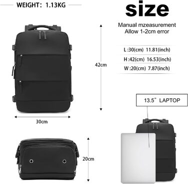KONO Рюкзак для ручної поклажі 42x30x20, рюкзак для ноутбука 25L, Outdoor, для подорожей, спорту, Weekender з відділенням для взуття, чорний