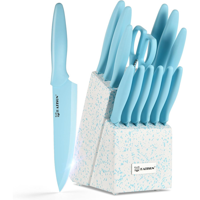 Набір кухонних ножів Katisun 16 предметів з японської сталі, з бруском для заточування, дощечкою та ножицями, кухонний набір для нарізки, шинкування та нарізання, безпечний для миття в посудомийній машині (14 ножів, синій/синій)