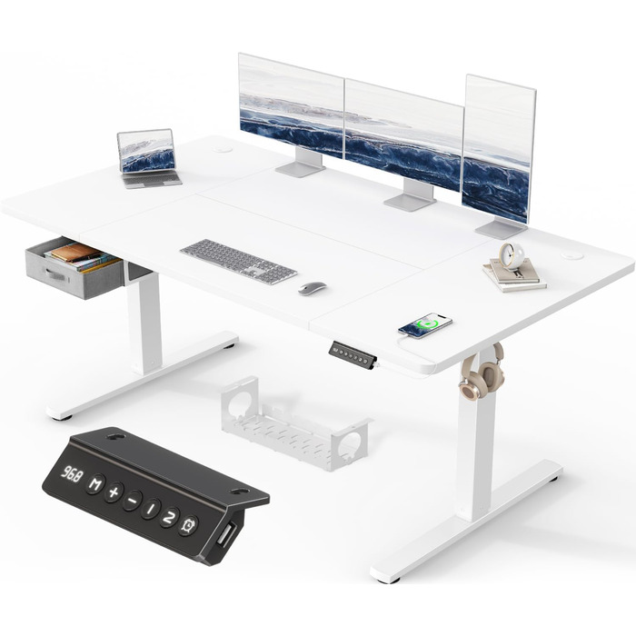 Регульований стіл Devoko 160x80 см з ящиками, USB-порт, органайзер для кабелів, стоячий стіл з пам'яттю, білий