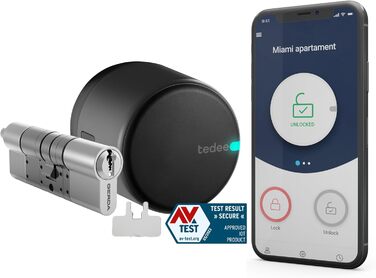 Розумний замок tedee Go з євроциліндром, Bluetooth, Додаток, Електронний замок, AV-TEST, Чорний