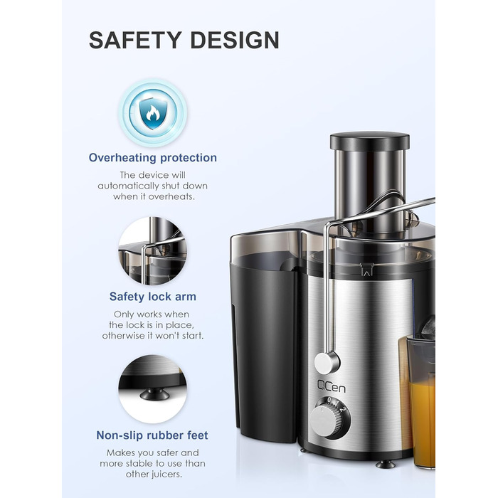Відцентровий соковитискач QCen з широким завантажувальним отвором 8 см, нержавіюча сталь, BPA-free, 800W, для фруктів та овочів