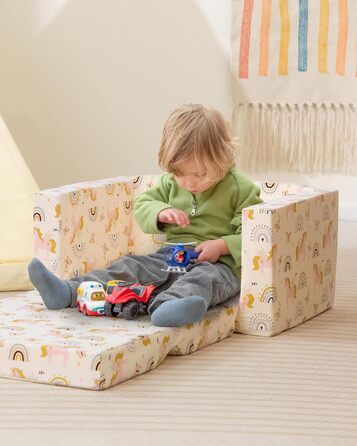 Дитяче розкладне диван-крісло BEJOY 2 в 1, Sherpa, з єдинорогом, бежевий, для дитячої кімнати, подарунок на день народження