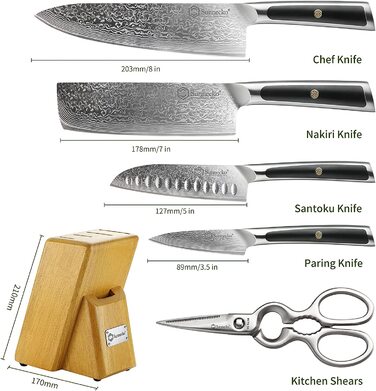 Набір ножів Sunnecko 6 предметів з блоком: кухонні ножі з дамаської сталі, ергономічні ручки, кухонні ножиці, тримач для ножів, дерев'яний блок