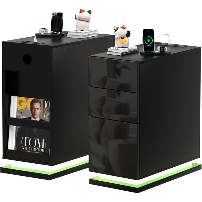 Вузька тумба приліжкова Lvhecforhm з LED-підсвіткою, чорна, з розеткою та USB, 16 режимів підсвітки, глянцева, 50x30x63 см
