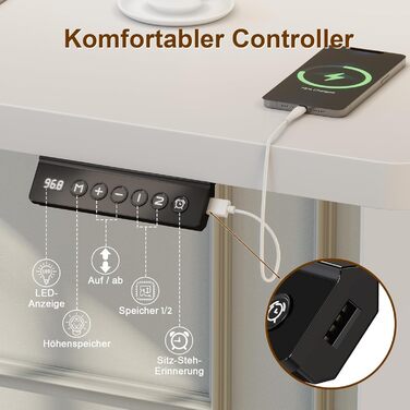 Електричний регульований стіл JUMMICO 100x60 см, USB-порт, білий. Ергономічний стіл для роботи та навчання