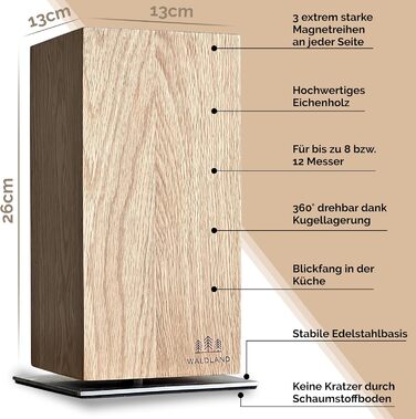 Магнітний ножовий блок WALDLAND Premium з деревини дуба (360) без ножа