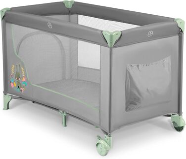 Дитяче ліжечко Ricokids Дорожнє ліжечко, портативне, манеж, 125x65x78 см, вантажопідйомність 15 кг, складне, два колеса з гальмами, знімний бічний вхід, матрац, сумка, сірий (м'ятно-сірий)