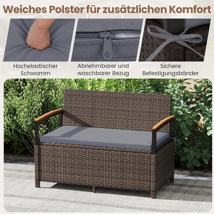 Лавка садова Costway з ротангу Polyrattan, з ящиком для зберігання, 2-місна, сіра (120x61x84 см) для балкона, тераси, саду з подушками