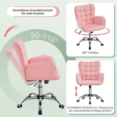 Крісло офісне Yaheetech ергономічне, з регулюванням висоти, з підлокітниками, на роликах, до 136 кг, біле (рожеве)