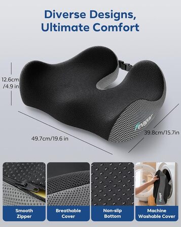 Ортопедична подушка для сидіння Feagar з memory foam - ергономічна подушка для офісного крісла, авто та дому - для полегшення болю в куприку при тривалому сидінні, неслизька (до 100 кг) (Сірий)